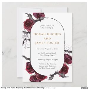 Moody Arch Floral Burgundy Black Halloween Wedding Invitation