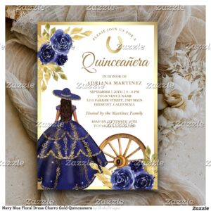 Navy Blue Floral Dress Charro Gold Quinceanera Invitation