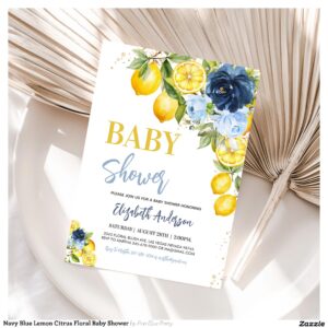 Navy Blue Lemon Citrus Floral Baby Shower Invitation