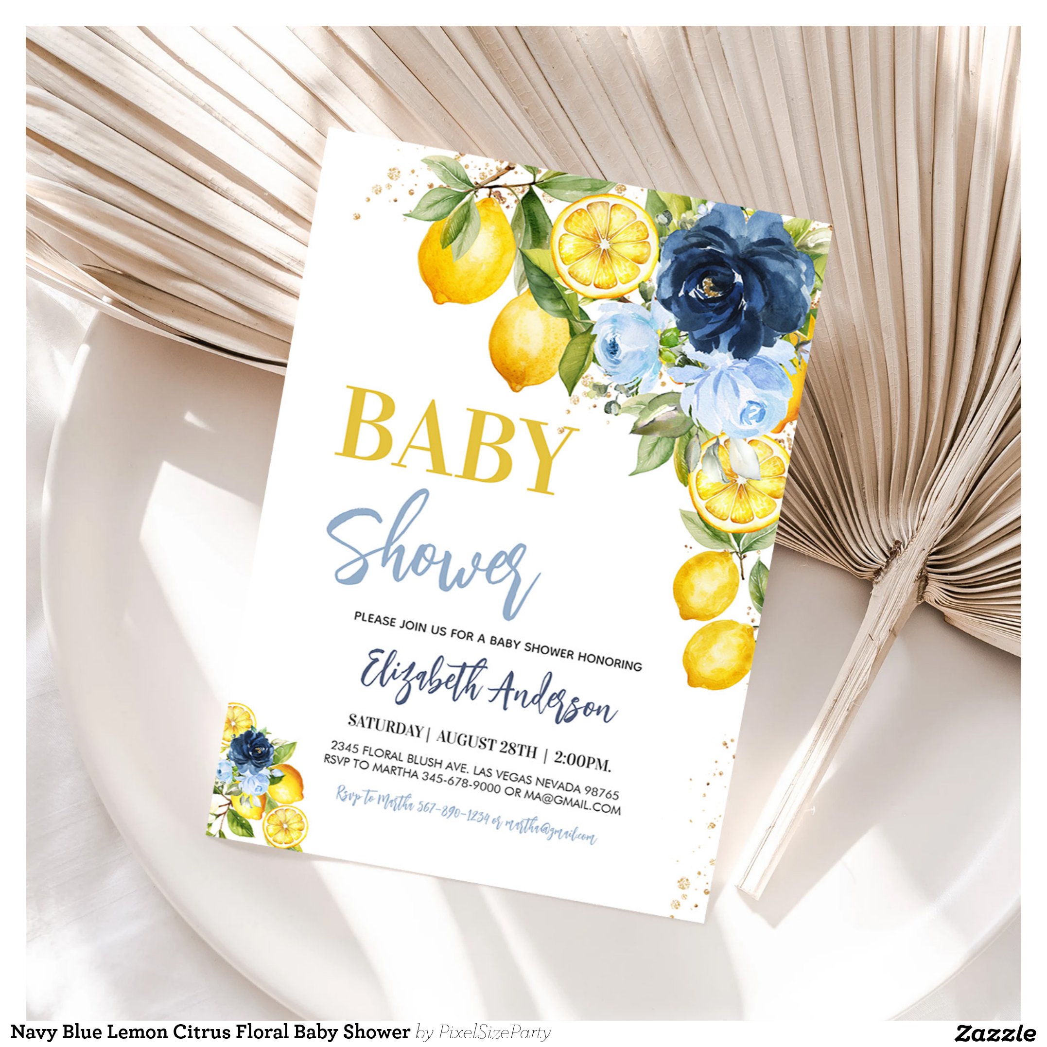 Navy Blue Lemon Citrus Floral Baby Shower Invitation
