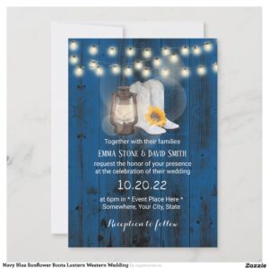 Navy Blue Sunflower Boots Lantern Western Wedding Invitation