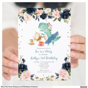 Navy Tea Party Dinosaur 3rd Birthday Invitation