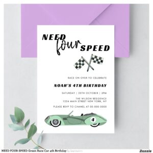 NEED FOUR SPEED Green Race Car 4th Birthday Invitation