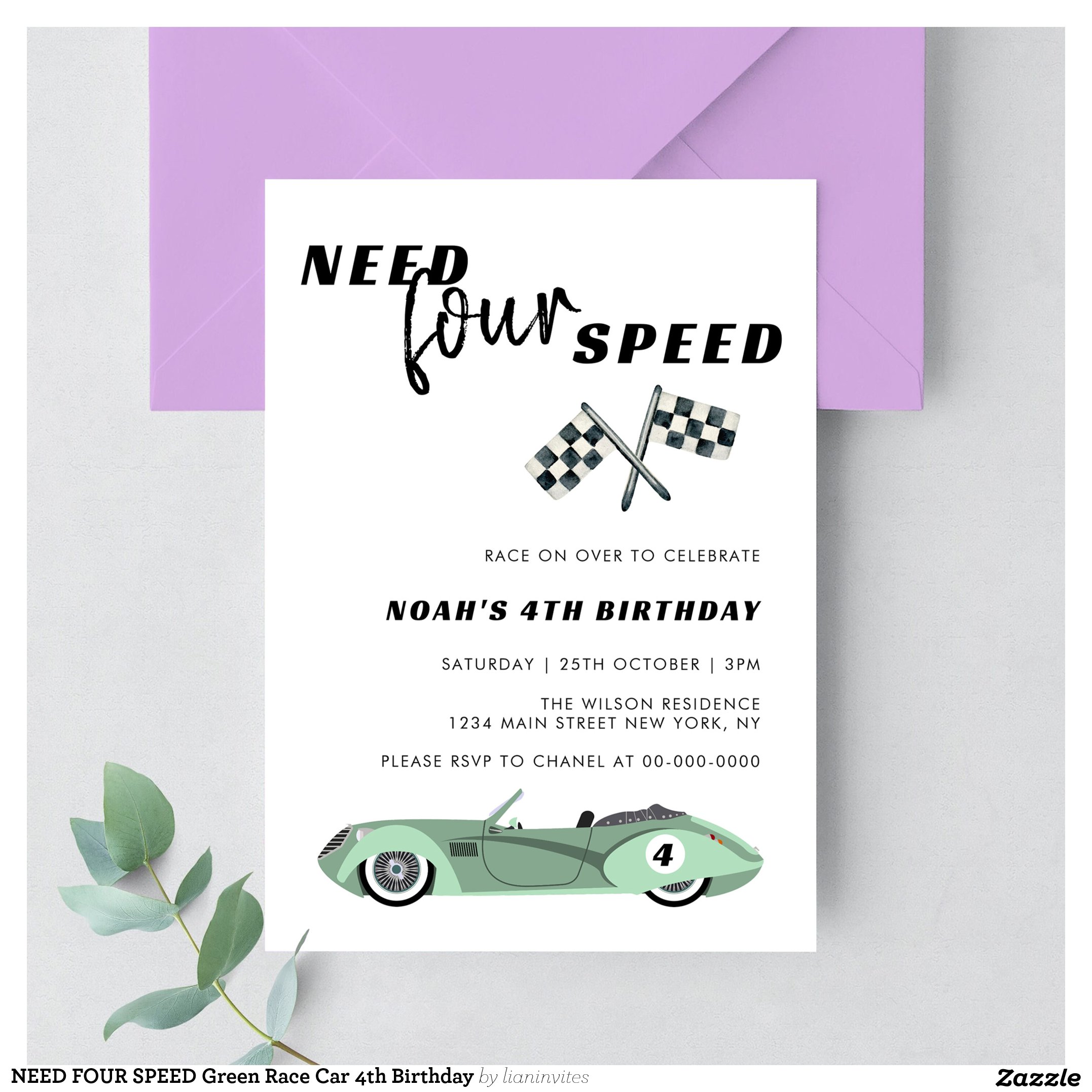 NEED FOUR SPEED Green Race Car 4th Birthday Invitation