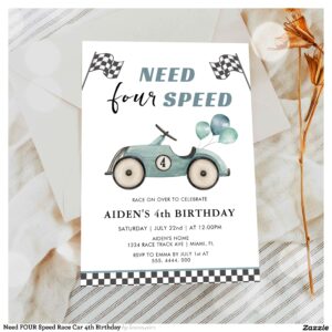 Need FOUR Speed Race Car 4th Birthday Invitation