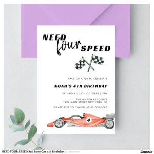 NEED FOUR SPEED Red Race Car 4th Birthday Invitation