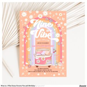 Nine is a Vibe Daisy Groovy Van 9th Birthday Invitation