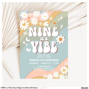 NINE is a Vibe Daisy Hippie 70s Retro Birthday Invitation
