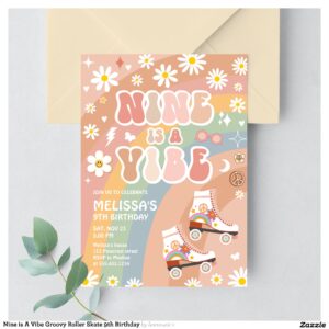 Nine is A Vibe Groovy Roller Skate 9th Birthday Invitation