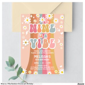 Nine is a Vibe Rainbow Groovy 9th Birthday Invitation