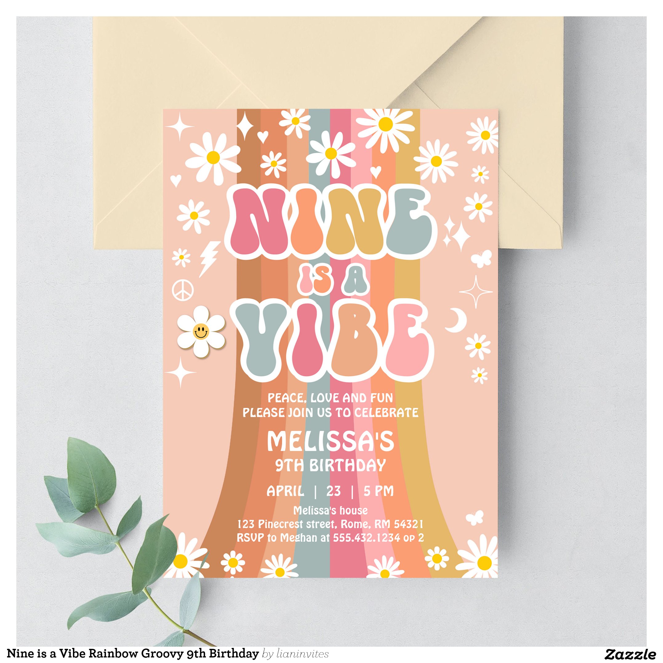 Nine is a Vibe Rainbow Groovy 9th Birthday Invitation