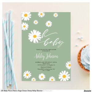Oh Baby Floral Retro Sage Green Daisy Baby Shower Invitation