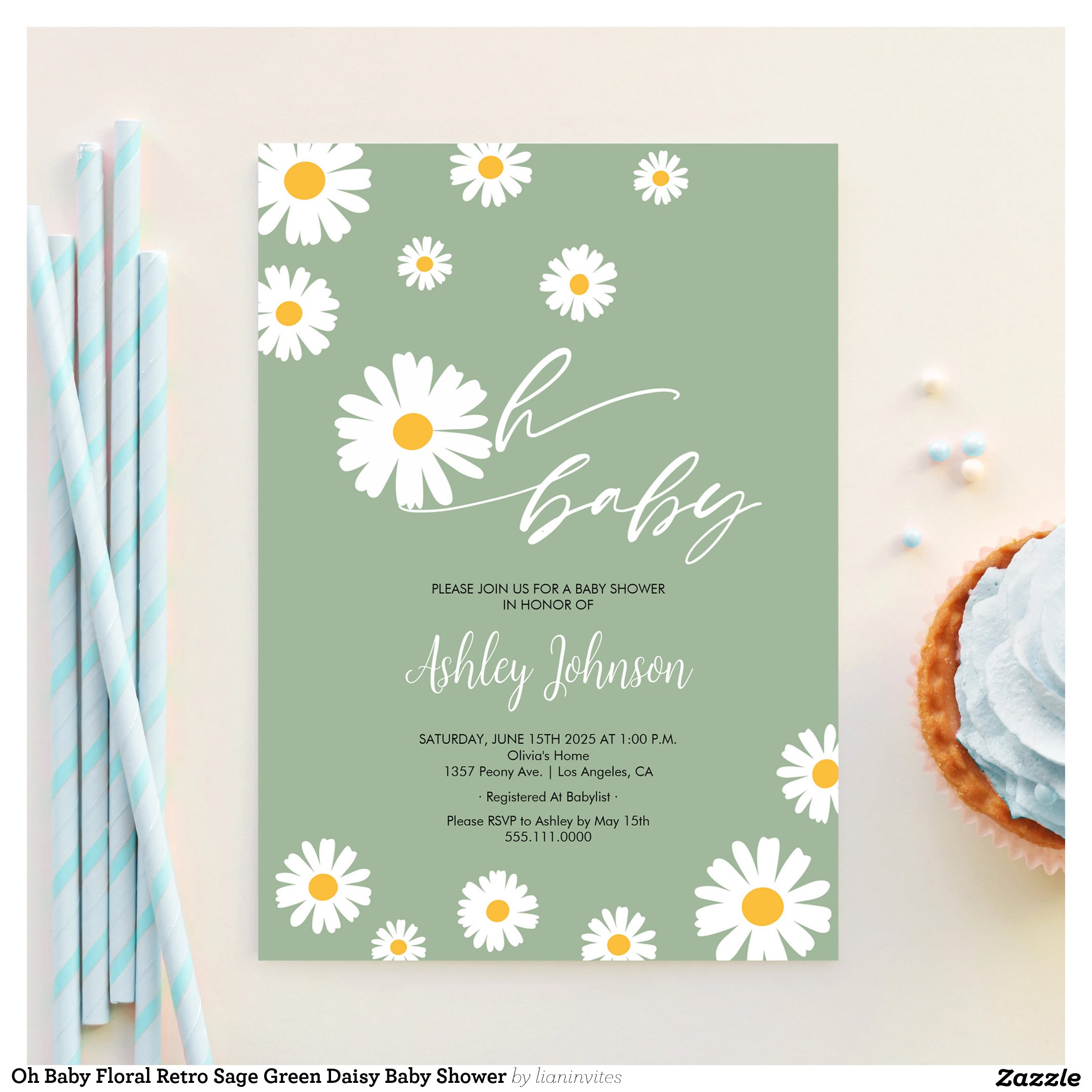 Oh Baby Floral Retro Sage Green Daisy Baby Shower Invitation