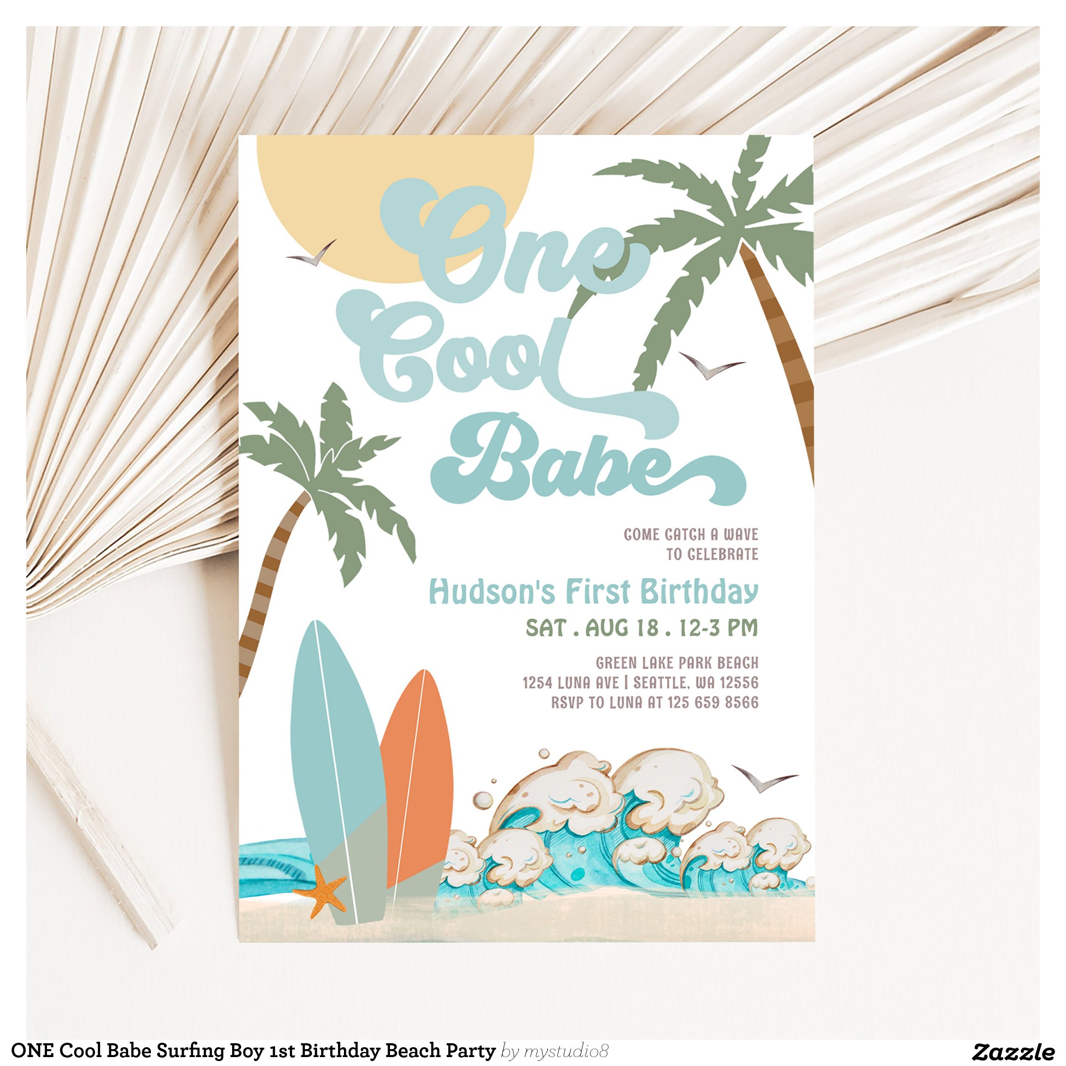 ONE Cool Babe Surfing Boy 1st Birthday Beach Party Invitation