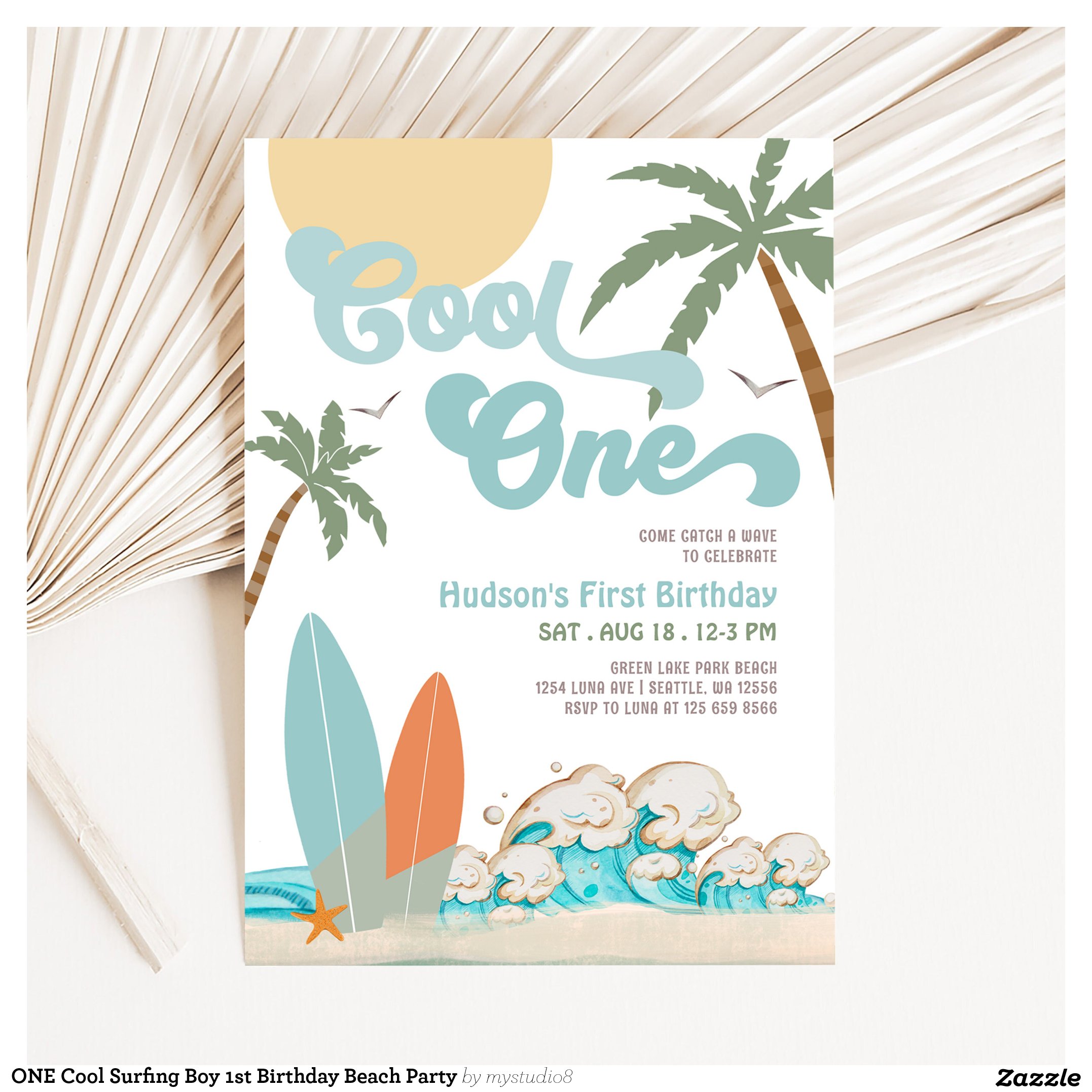 ONE Cool Surfing Boy 1st Birthday Beach Party Invitation