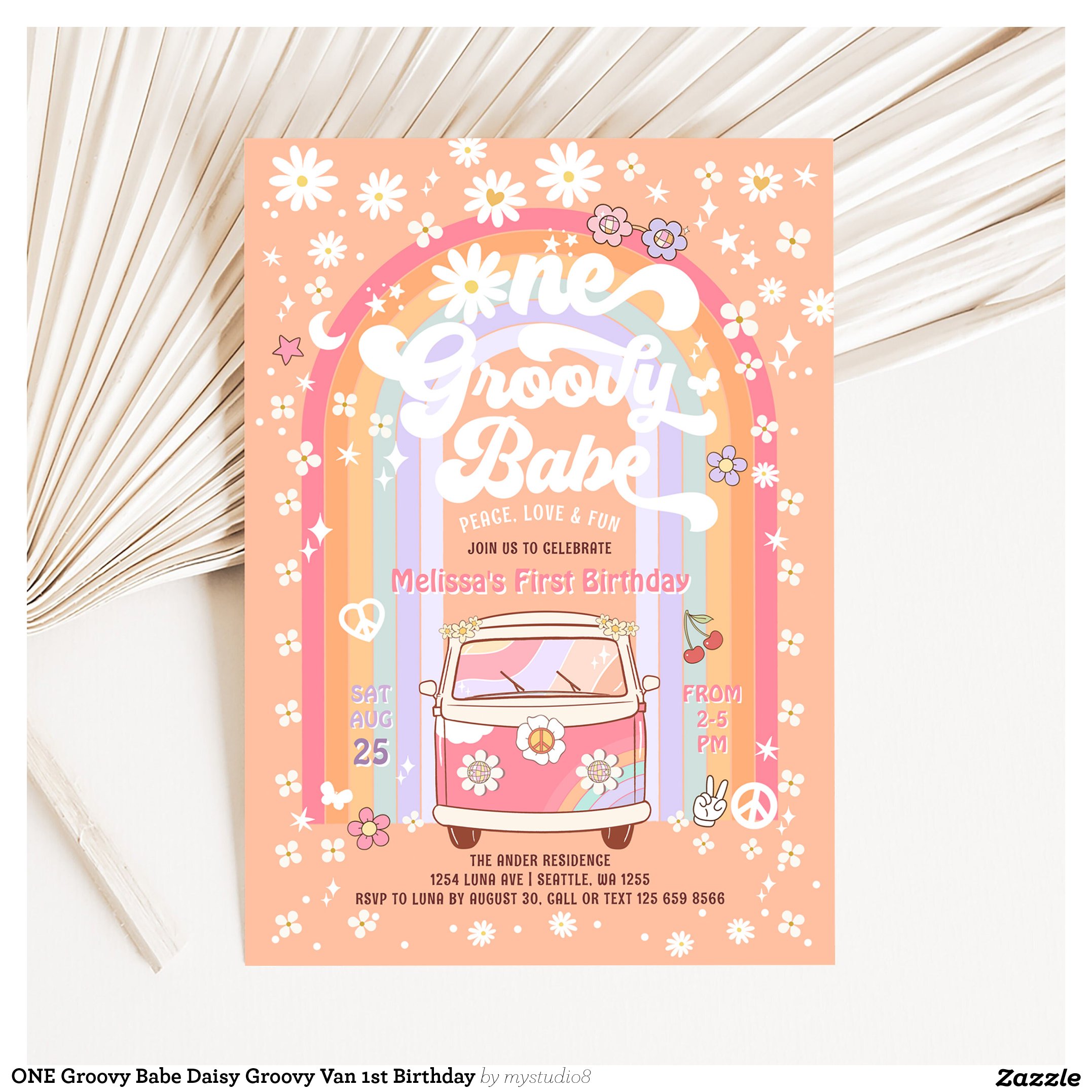 ONE Groovy Babe Daisy Groovy Van 1st Birthday Invitation