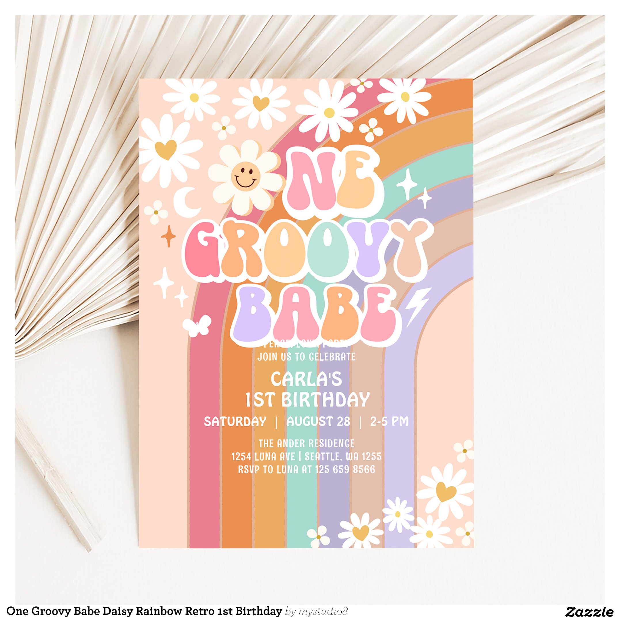 One Groovy Babe Daisy Rainbow Retro 1st Birthday Invitation