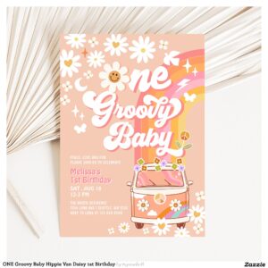 ONE Groovy Baby Hippie Van Daisy 1st Birthday Invitation