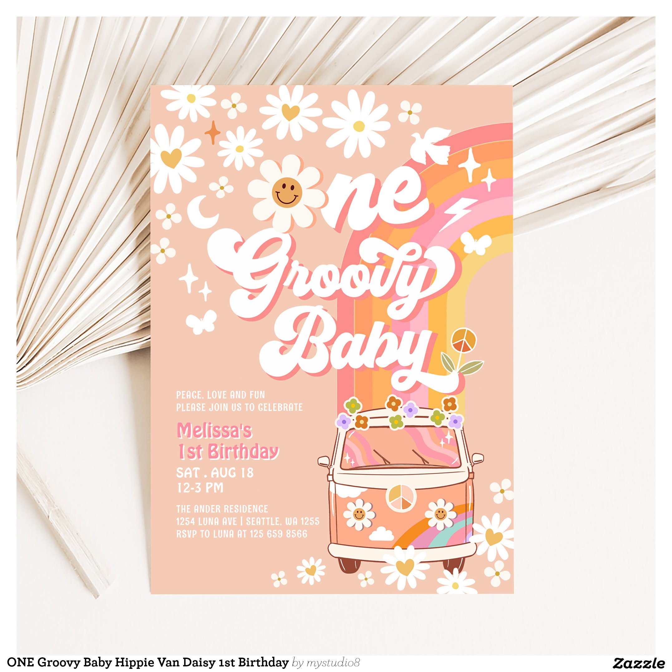 ONE Groovy Baby Hippie Van Daisy 1st Birthday Invitation