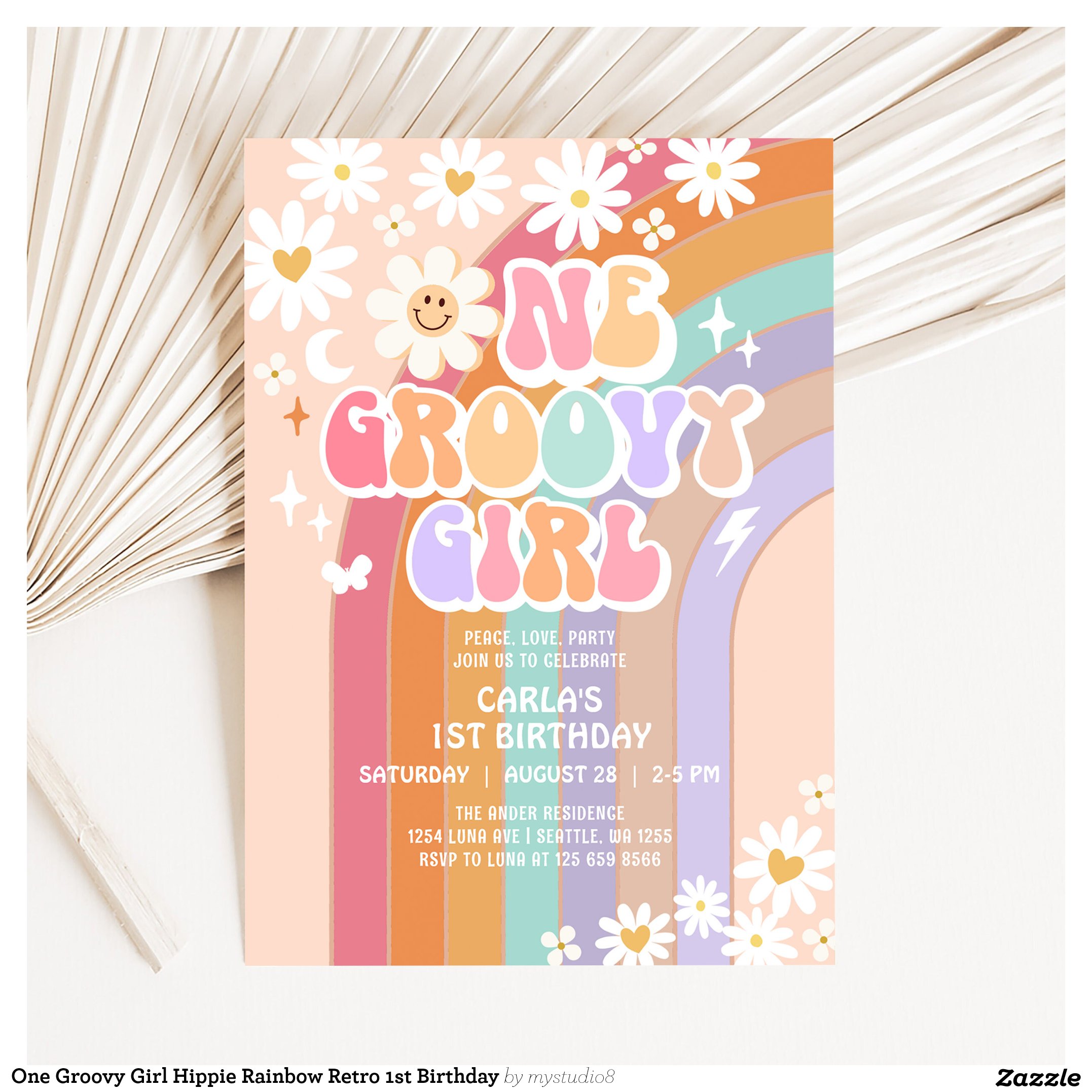 One Groovy Girl Hippie Rainbow Retro 1st Birthday Invitation