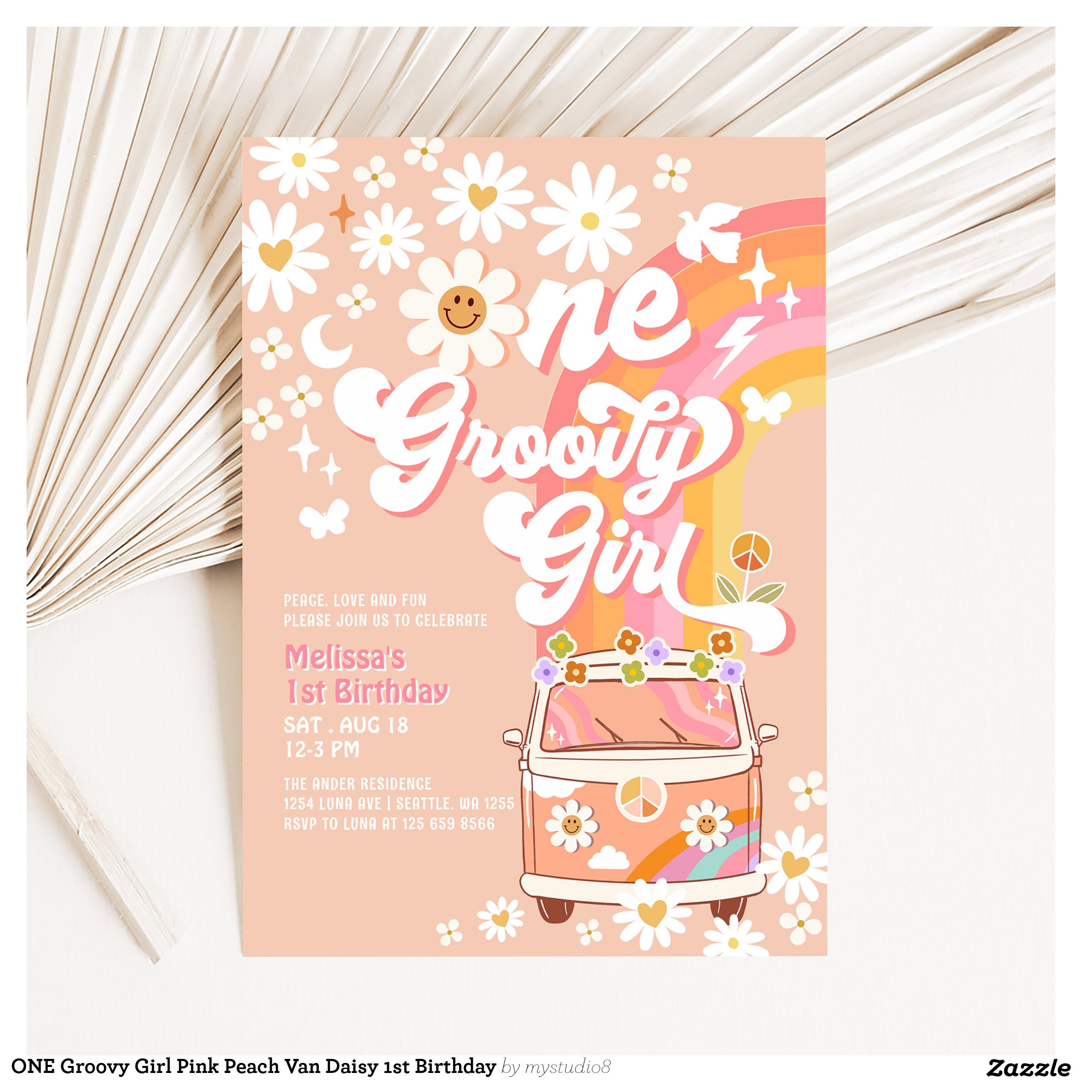 ONE Groovy Girl Pink Peach Van Daisy 1st Birthday Invitation