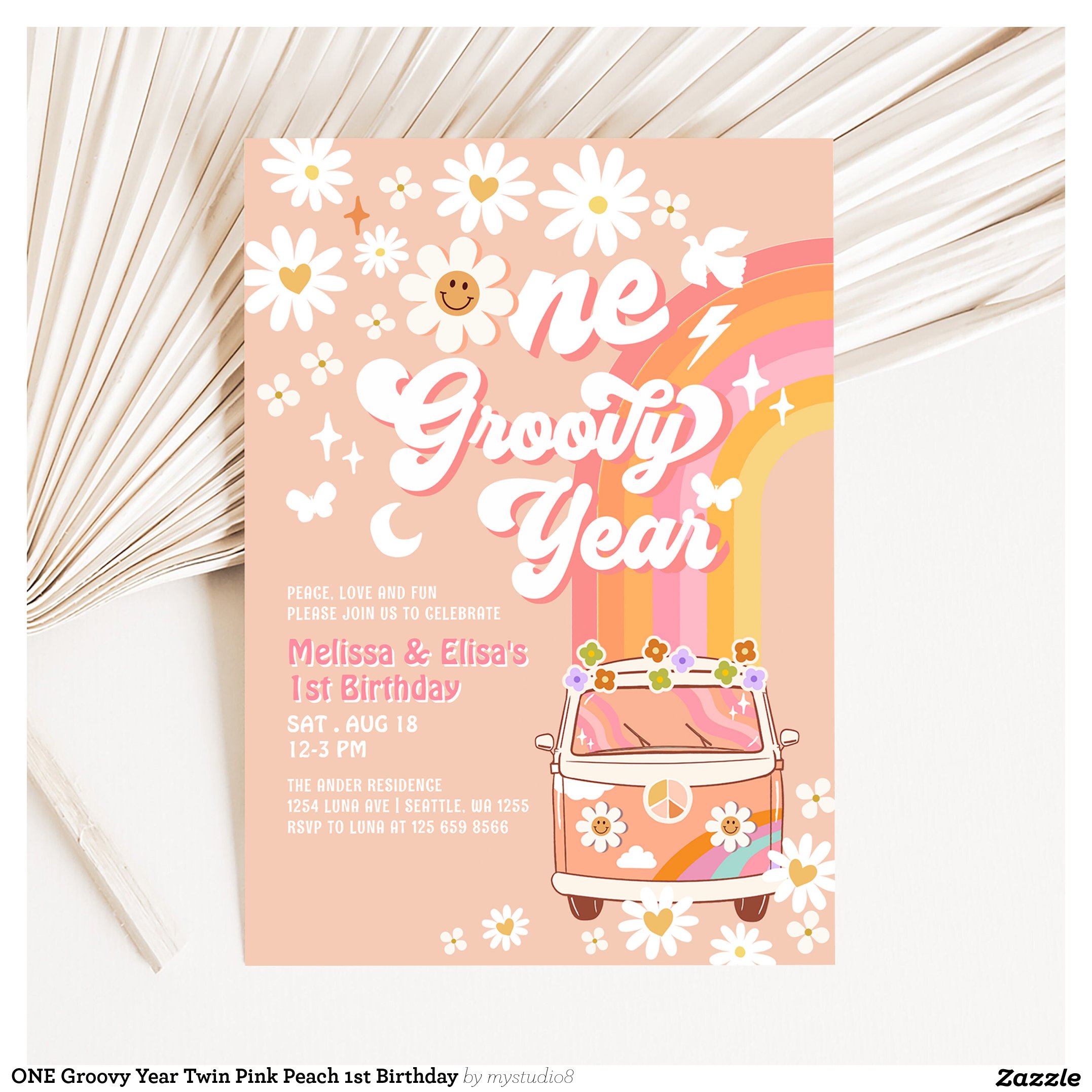 ONE Groovy Year Twin Pink Peach 1st Birthday Invitation