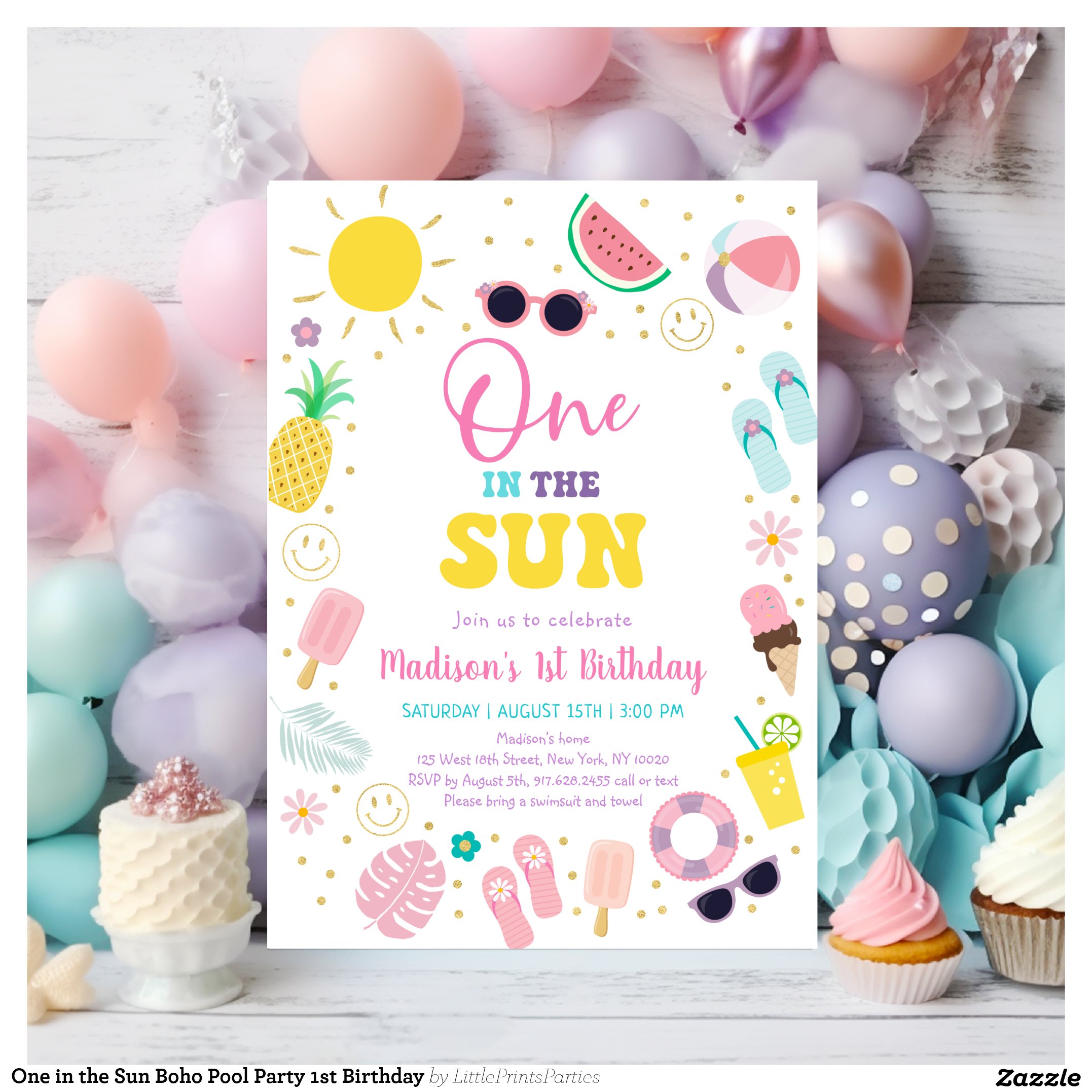 One in the Sun Boho Pool Party 1st Birthday Invitation