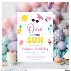 One in the Sun Girl Pool Party 1st Birthday Invitation