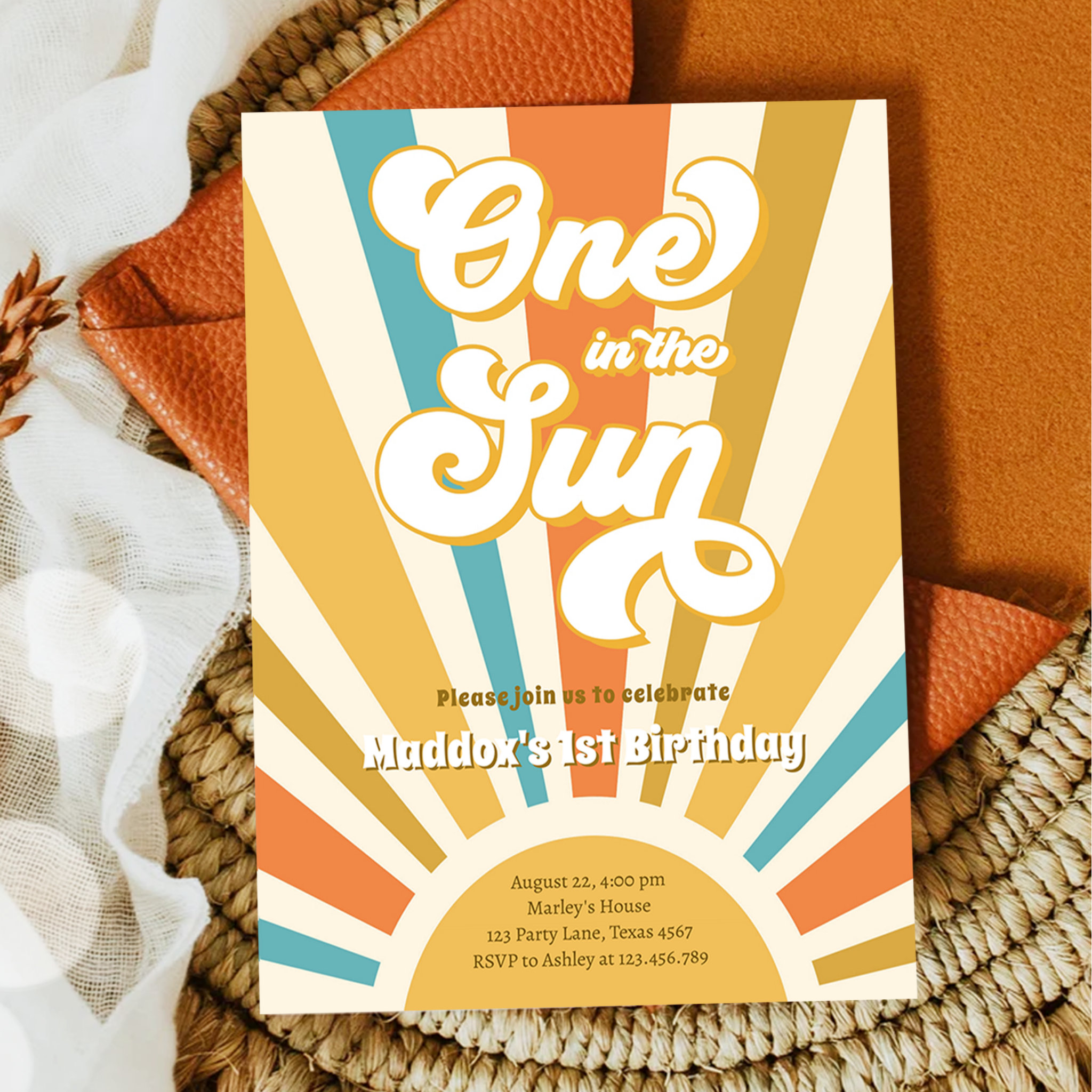 One in the Sun Retro Boho Hippie First Birthday In Invitation