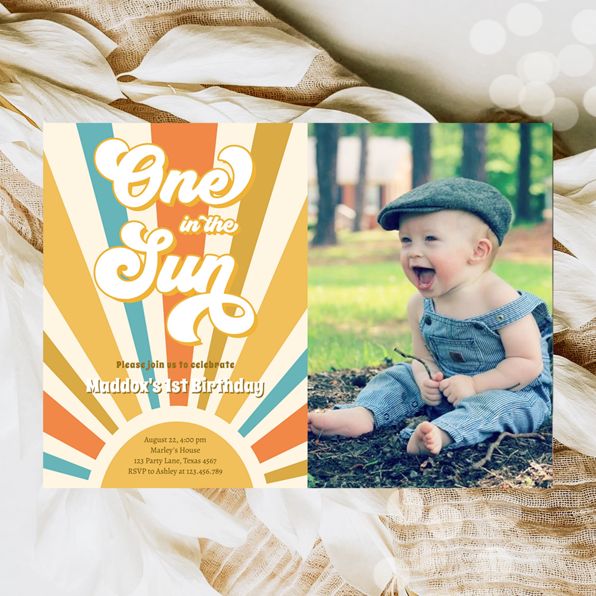 One in the Sun Retro Boho Hippie First Birthday Invitation