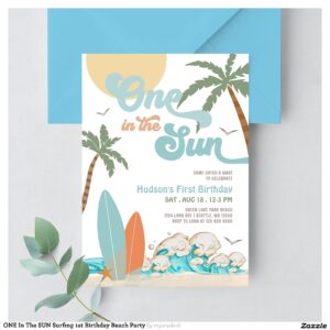 ONE In The SUN Surfing 1st Birthday Beach Party Invitation