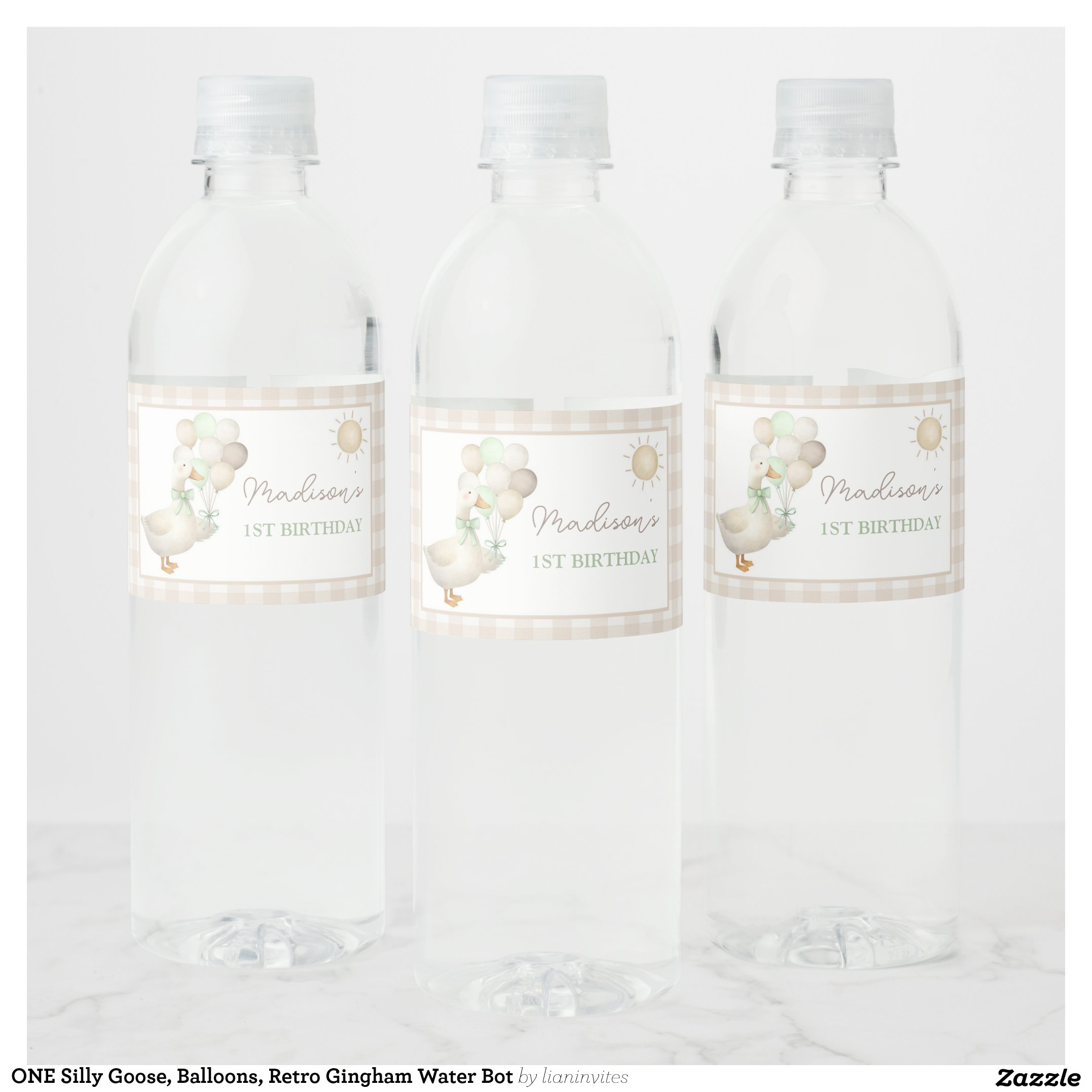 ONE Silly Goose, Balloons, Retro Gingham Water Bot Water Bottle Label