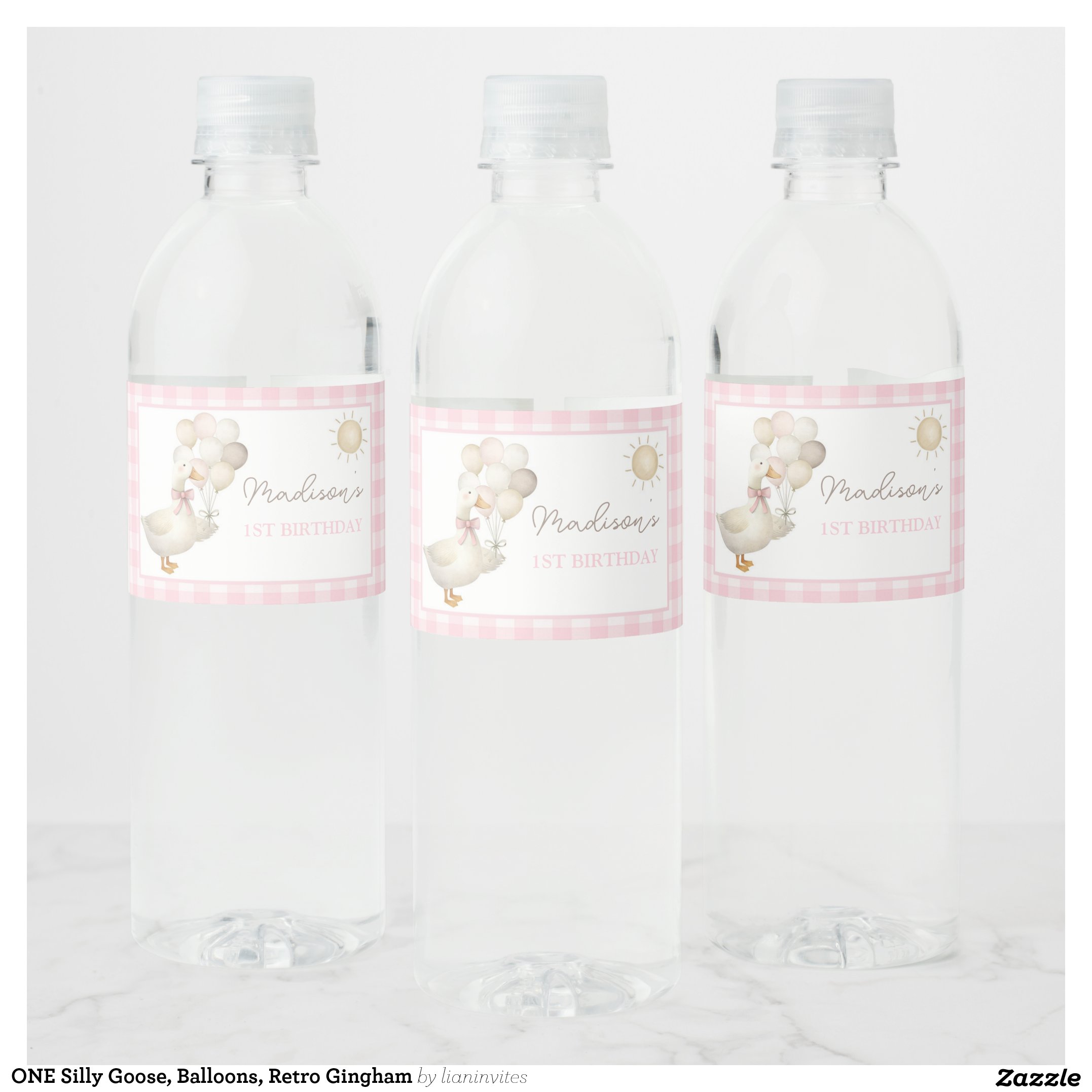 ONE Silly Goose, Balloons, Retro Gingham Water Bottle Label