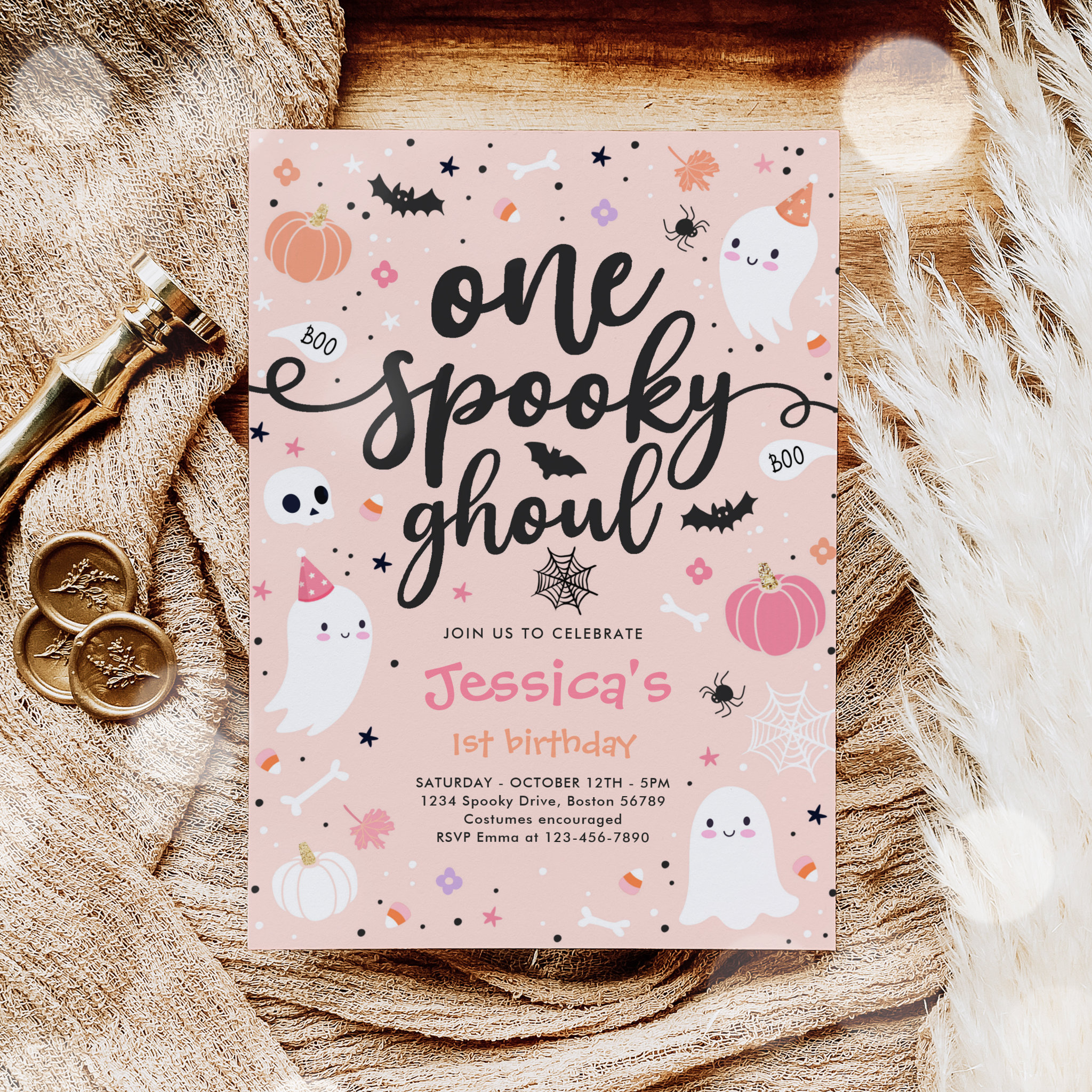 One Spooky Ghoul Cute Halloween Ghost 1st Birthday Invitation