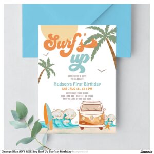 Orange Blue ANY AGE Boy Surf Up Surf 1st Birthday Invitation