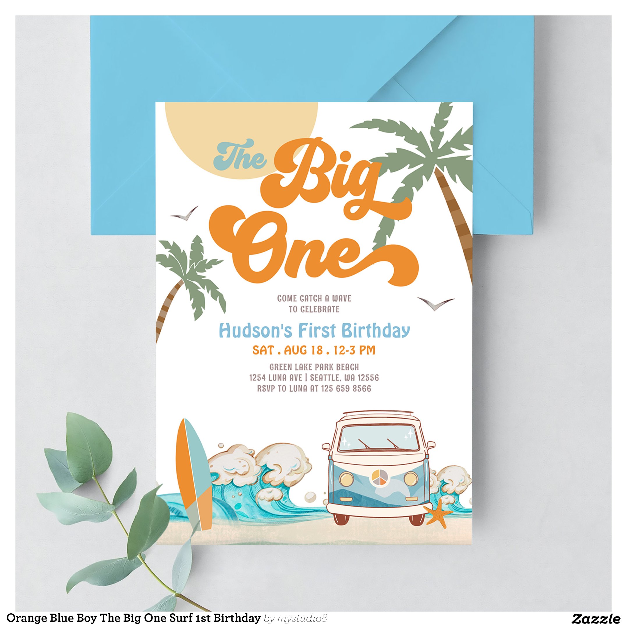 Orange Blue Boy The Big One Surf 1st Birthday Invitation
