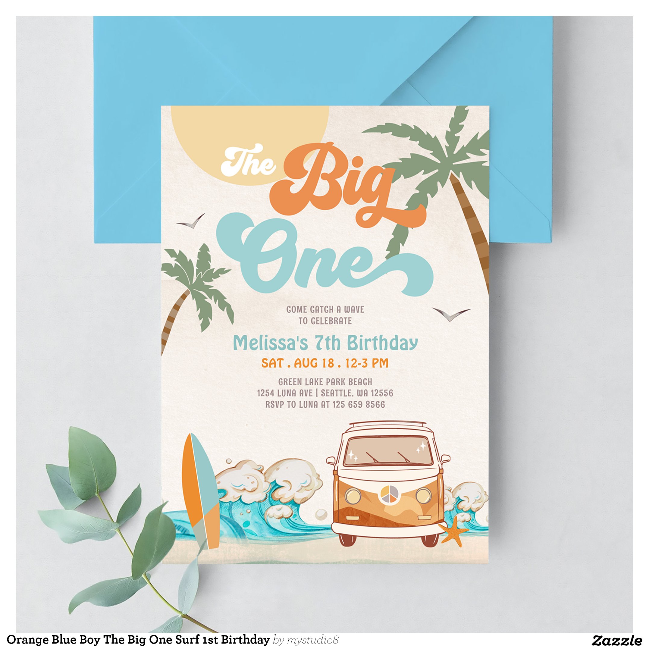 Orange Blue Boy The Big One Surf 1st Birthday Invitation