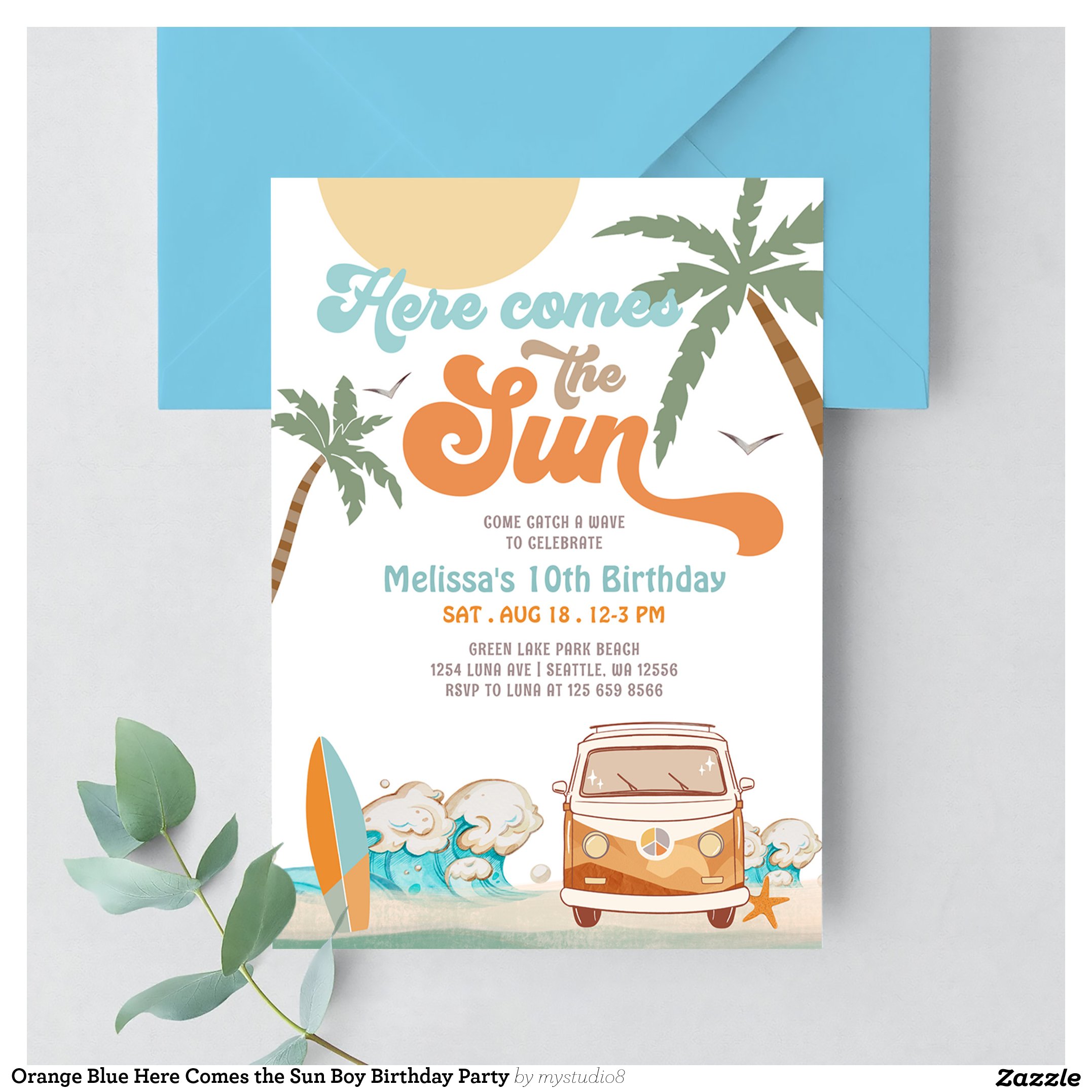 Orange Blue Here Comes the Sun Boy Birthday Party Invitation