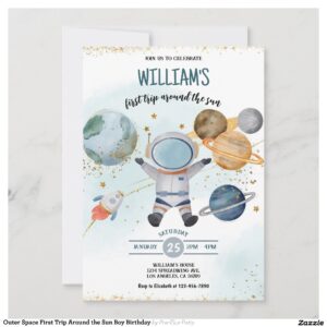 Outer Space First Trip Around the Sun Boy Birthday Invitation