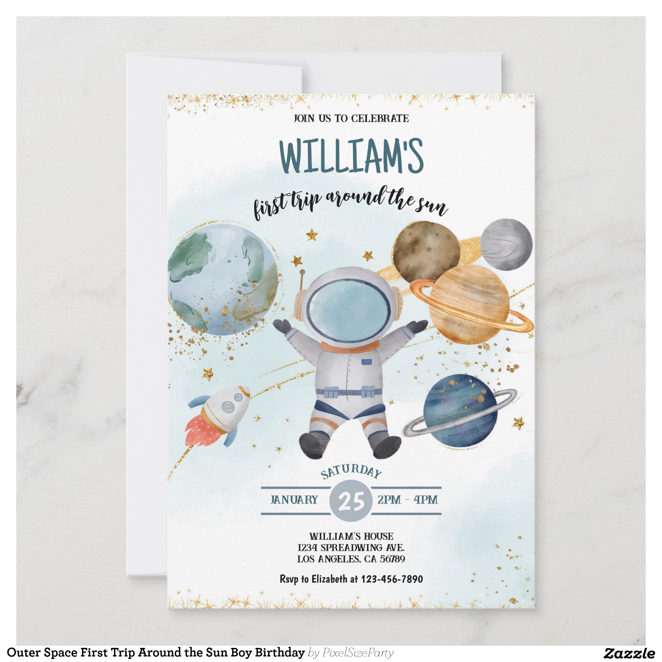 Outer Space First Trip Around the Sun Boy Birthday Invitation