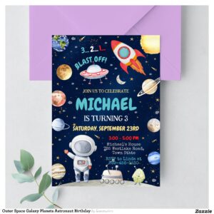 Outer Space Galaxy Planets Astronaut Birthday Invitation