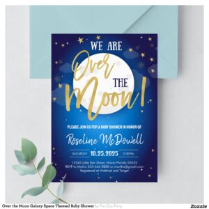 Over the Moon Galaxy Space Themed Baby Shower Invitation