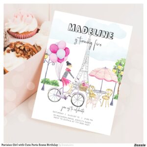 Parisian Girl with Cute Paris Scene Birthday Invitation