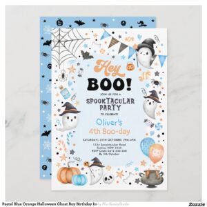 Pastel Blue Orange Halloween Ghost Boy Birthday In Invitation