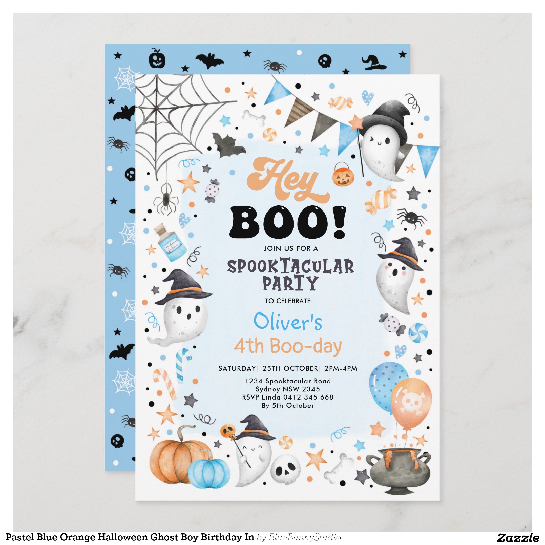 Pastel Blue Orange Halloween Ghost Boy Birthday In Invitation