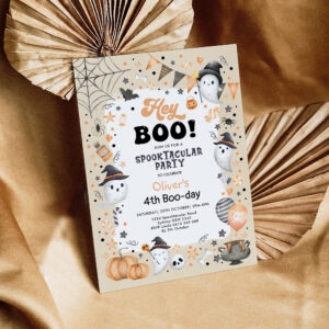Pastel Orange Black Halloween Ghost Boy Birthday Invitation