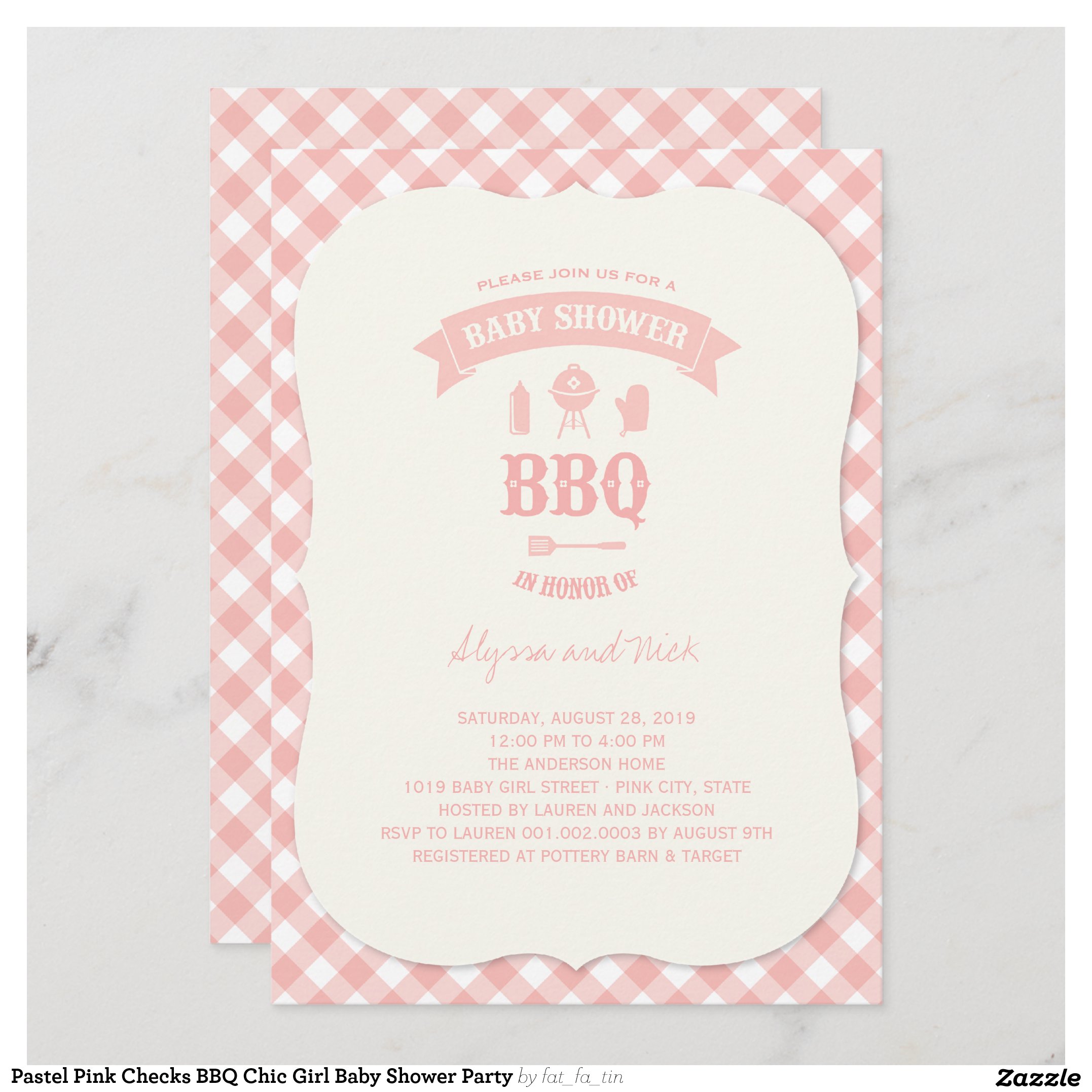 Pastel Pink Checks BBQ Chic Girl Baby Shower Party Invitation