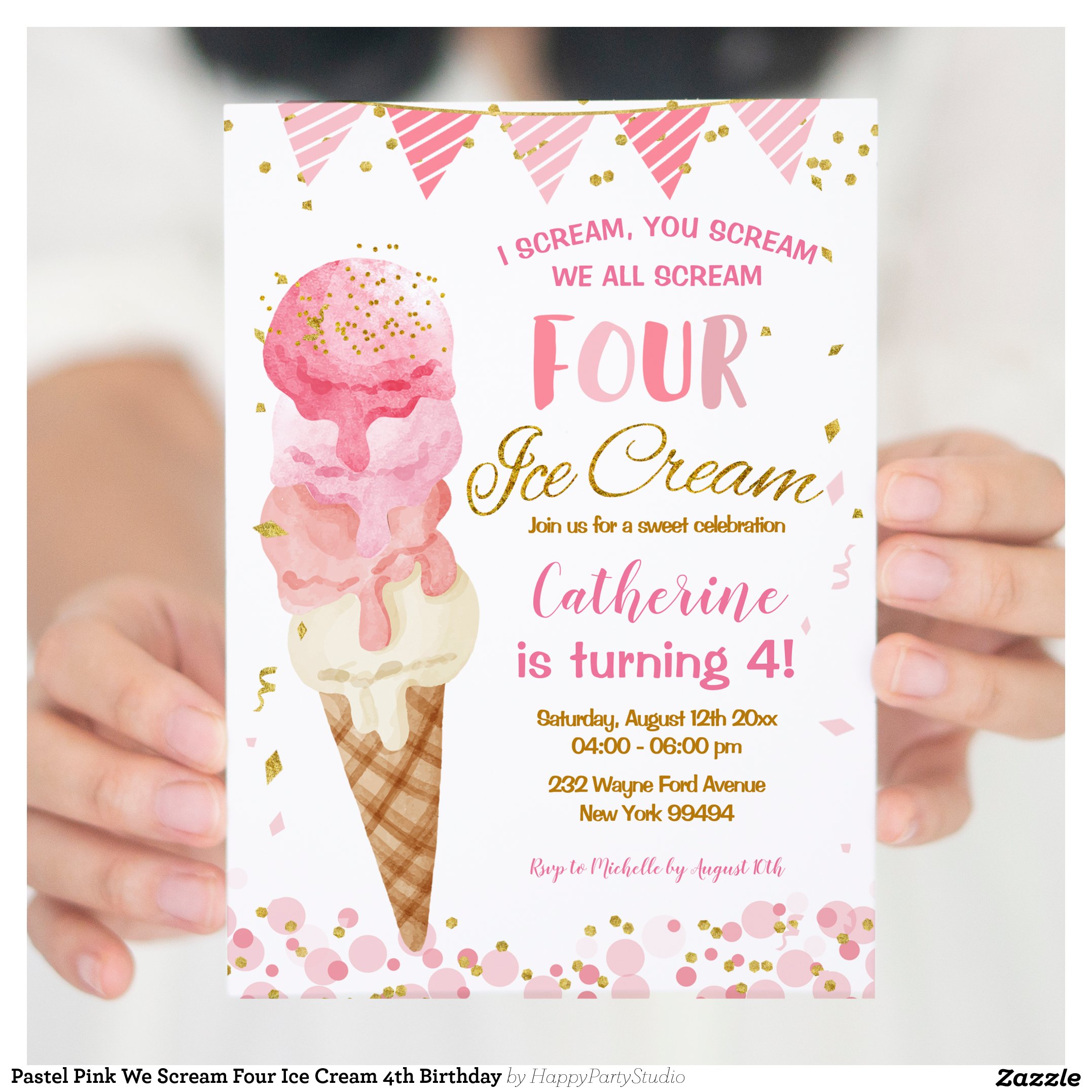 Pastel Pink We Scream Four Ice Cream 4th Birthday Invitation