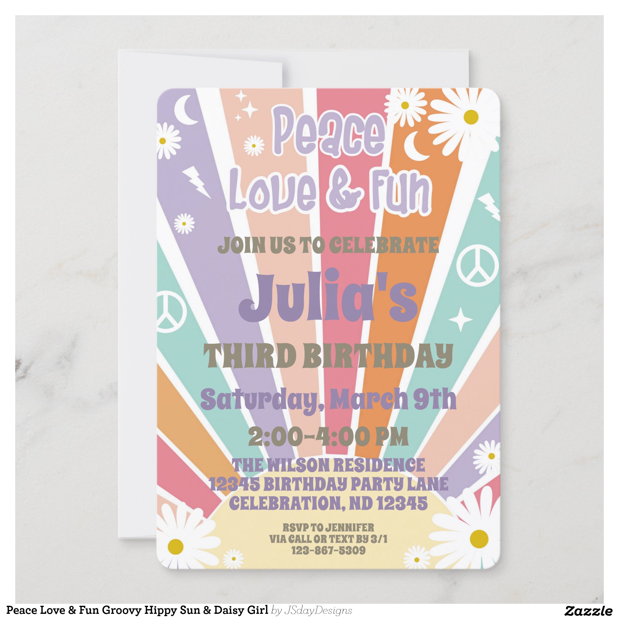 Peace Love & Fun Groovy Hippy Sun & Daisy Girl Invitation