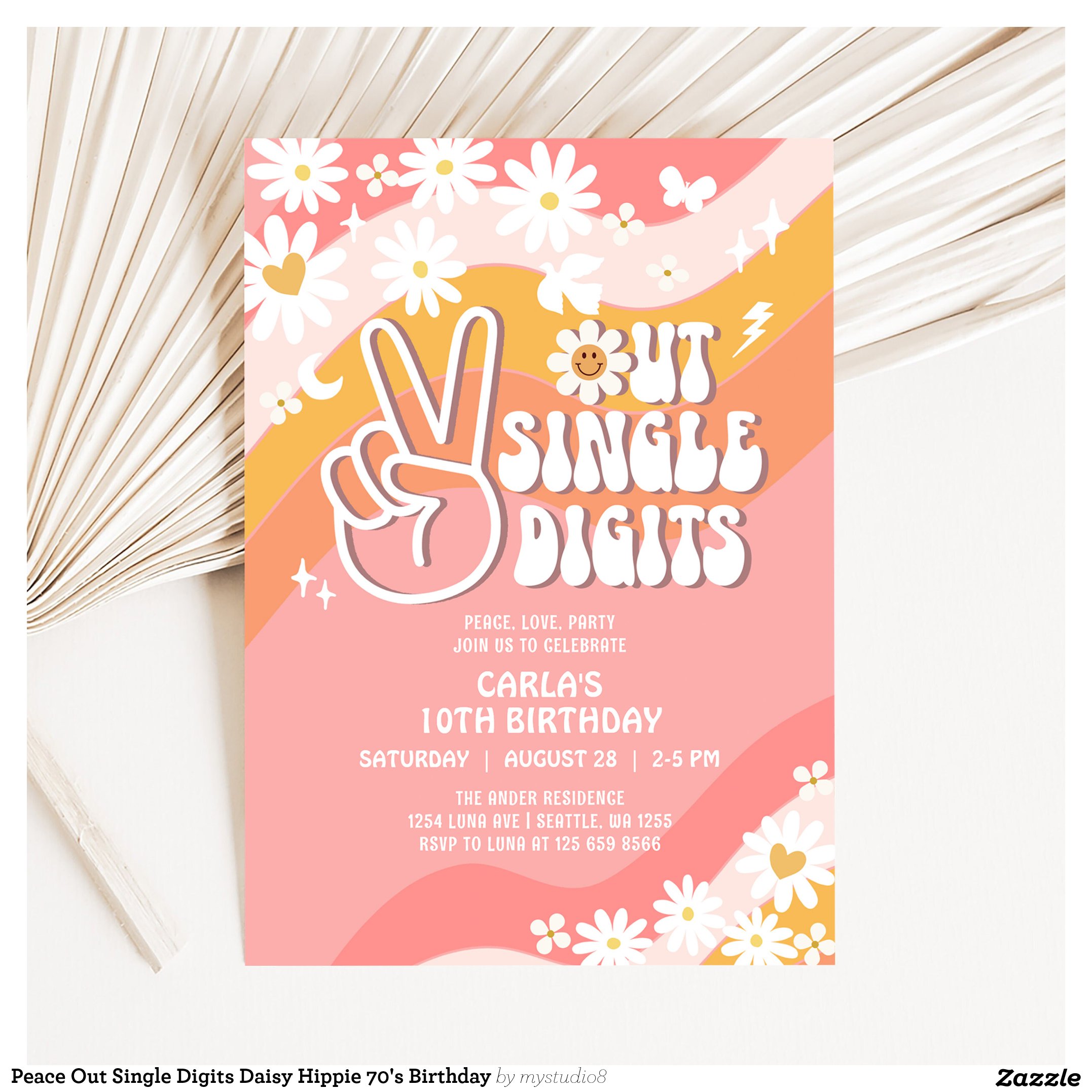 Peace Out Single Digits Daisy Hippie 70's Birthday Invitation